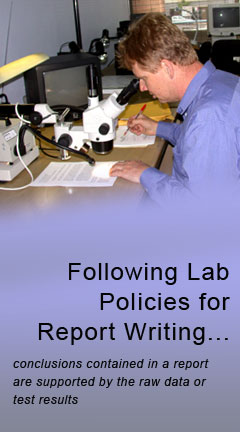 Photo of a lab technician writing a report. Caption reads, 'Following Lab Policies for Report Writing.'