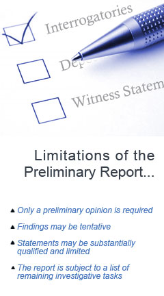 Photo of a ball point pen marking items off on a checklist document. Captions reads, 'Limitations of the Preliminary Report: Only a preliminary opinion is required, findings may be tentative, statements may be substantially qualified and limited, and the report is subject to a list of remaining investigative tasks.'