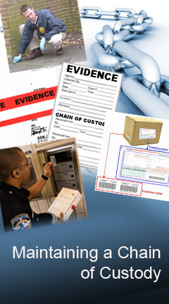 Photo collage of a chain, evidence documents, and law enforcement agents