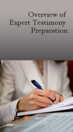 Photo of a female attorney writing on a legal pad. Caption reads, 'Overview of Expert Testimony Preparation'. 
