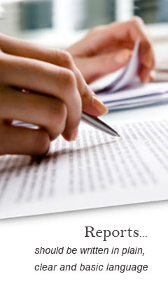 Photo of a person reviewing a document. Caption reads, 'Reports: should be written in plain, clear and basic language'