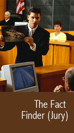 Photo of a mail attorney introducing evidence in a courtroom. Caption reads, 'The Fact Finder'