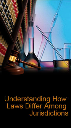 Abstract photo collage of a law library, a set of chemist beakers, and a courtroom gavel. Caption says: 'Understanding How Laws Differ Among Jurisdictions'
