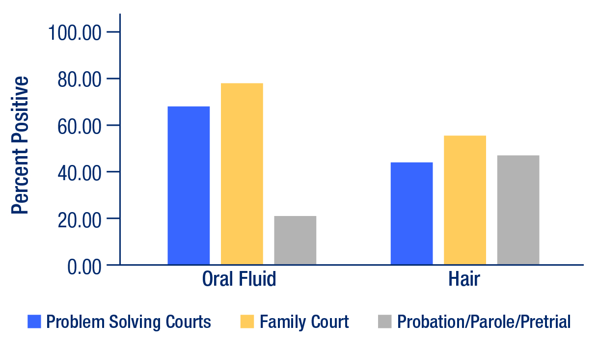 Figure 3. Positivity rates of oral fluid and hair tests, by court type.