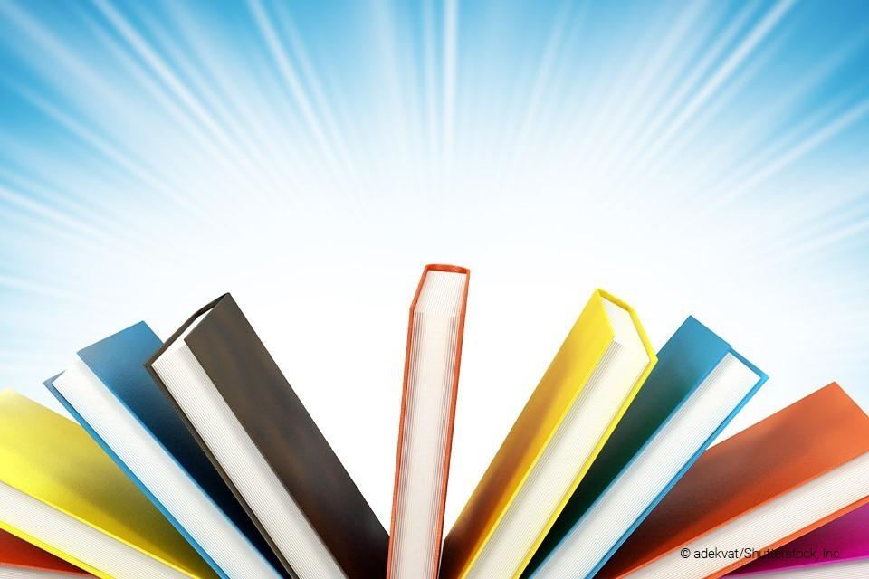 several books aligned like a rainbow