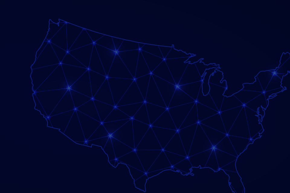 a blue image of a map of the United States, with lines and dots connecting major cities