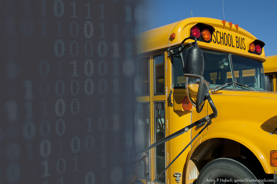 school bus next to a picture of a database