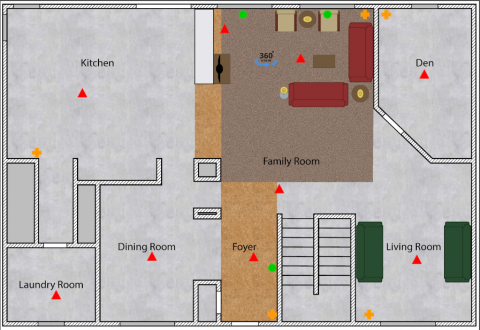 Floor plan of a house used in fire ventilation experiment showing rooms and sensor placement