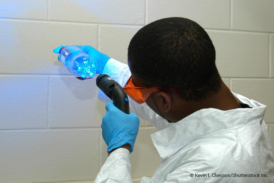 Crime scene technician shining an alternative light source on a bottle