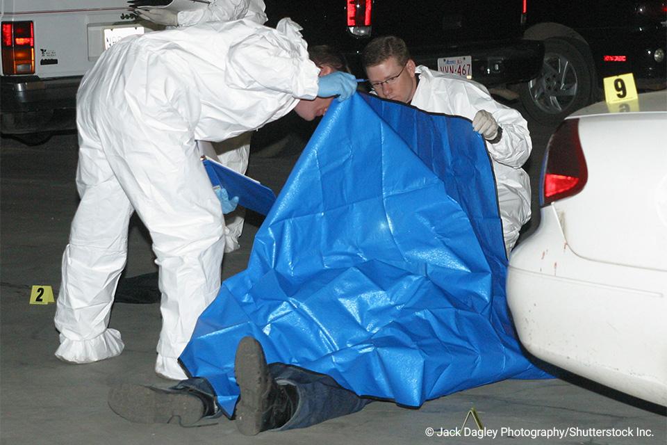 Crime scene technicians looking at a body under a tarp