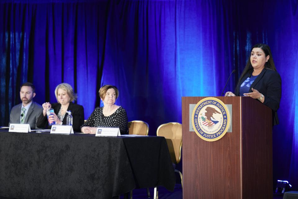 Panelists from "Improving Victim Contact and Criminal Justice Response: The Impact of Law Enforcement and  Victim Assistance Training" at the NIJ 2023 Research Conference, Bradley Campbell, Cortney Franklin, Rebecca Campbell, and Jesenia Alonso