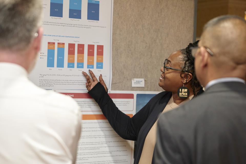 Woman discusses her poster at the NIJ 2023 Research Conference Poster session
