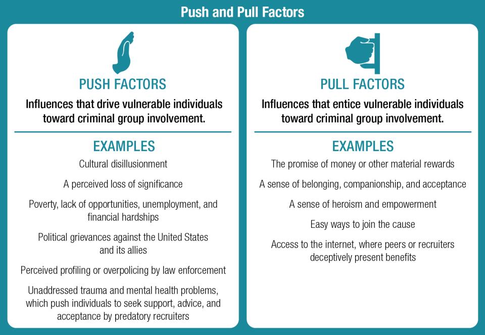 A listing of push and pull factors that drive vulnerable individuals toward criminal group involvement. Select the link view larger image fur a full description.