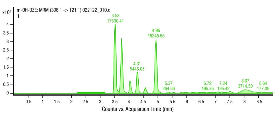 . A visualization of several phase II metabolites of cocaine. The peaks represent the cocaine metabolites detected in hair specimens of persons known to have used cocaine. 