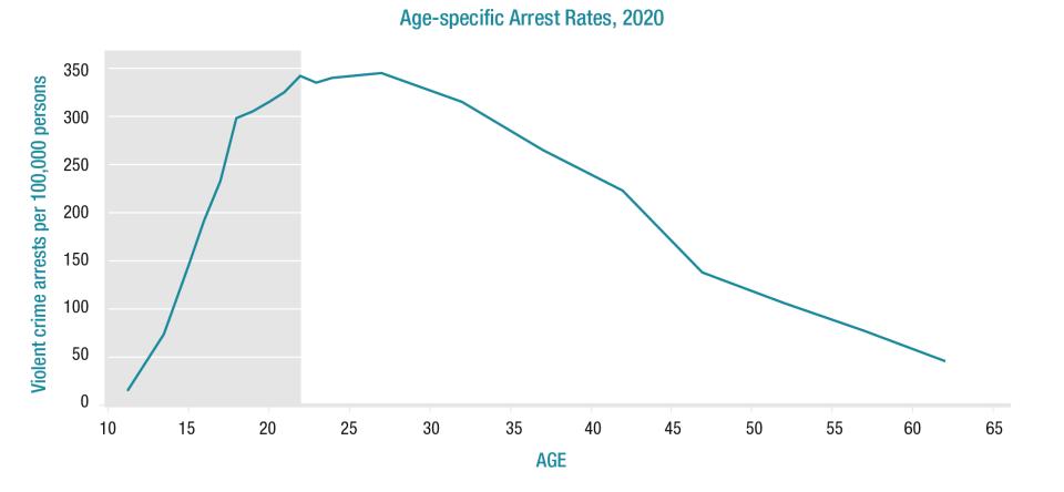 Data from 2020 on age-specific rates shows arrests for violent offenses increased from ages 10 to 22, stabilized from ages 23 to 29, and then declined