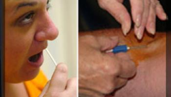 Photo of a woman swabbing saliva and obtaining a blood sample from her arm.