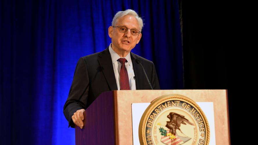 U.S. Attorney General Merrick Garland addresses attendees at the 2023 NIJ Research Conference
