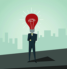 Illustration of a man in a suit with a big light bulb overhead
