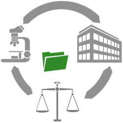 illustration of a microscope, set of scales, an office building, and a green file folder