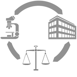 image of a microscope, an office building, and a set of scales.