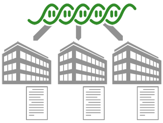 illustration of 3 office buildings with DNA strand over top