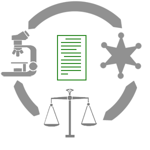 illustration of a microscope, set of scales, police badge, and document