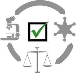 illustration with a microscope, set of scales, a police badge, and a checkmark