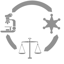 illustration of a microscope, set of scales, and a police badge