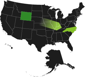 map of the united states, with Wyoming and North Carolina in green