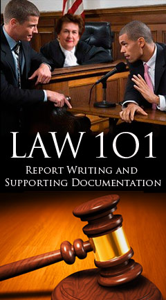 Photo of a judge, attorney, and witness convening near a stand in the courtroom. Caption says, 'Law 101: Report Writing and Supporting Documentation'