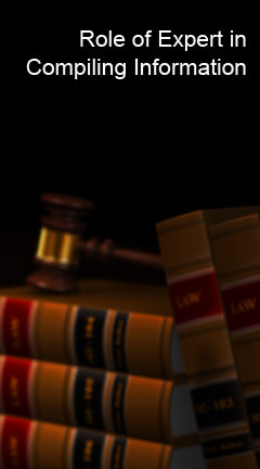Photo of a pile of books in a law library. Caption reads, 'Role of Expert in Compiling Information