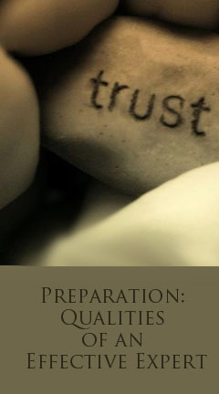 Photo of rocks with the word 'trust' imprinted on it. Caption says 'Preparation Qualities of an Effective Expert'
