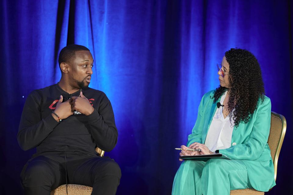 Chas Moore and Linda Seabrook in discussion at the NIJ 2023 Research Conference plenary "Inclusive Research: How Engaging People Closest to the Issue Makes for Better Science and Greater Impact"