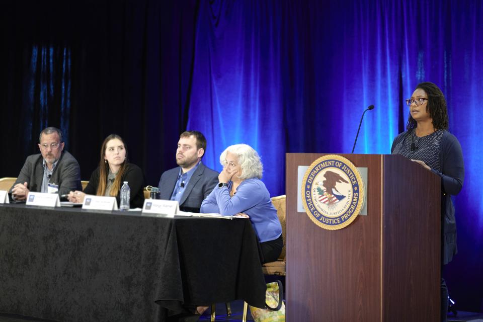 NIJ 2023 Research Conference panel "Emerging Drug Crises in America: A Criminal Justice and Public Health Nexus" participants Chris Delcher, Haley Greene, Dr. Alex Krotulski, Margaret Warner, and Ciena Bayard 