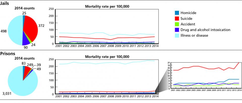 2014 Bureau of Justice Statistics data on distribution of mortality types in jails and state prisons, and long-term trends in mortality rates.